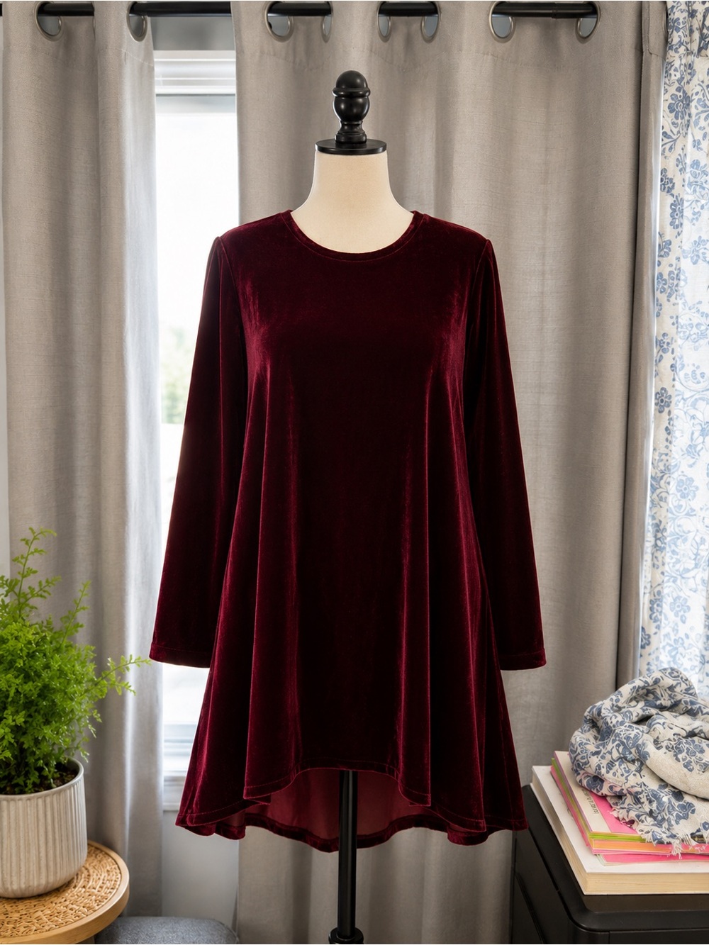 NWT Eileen Fisher Velvet High-Low Swing Dress in Deep Wine